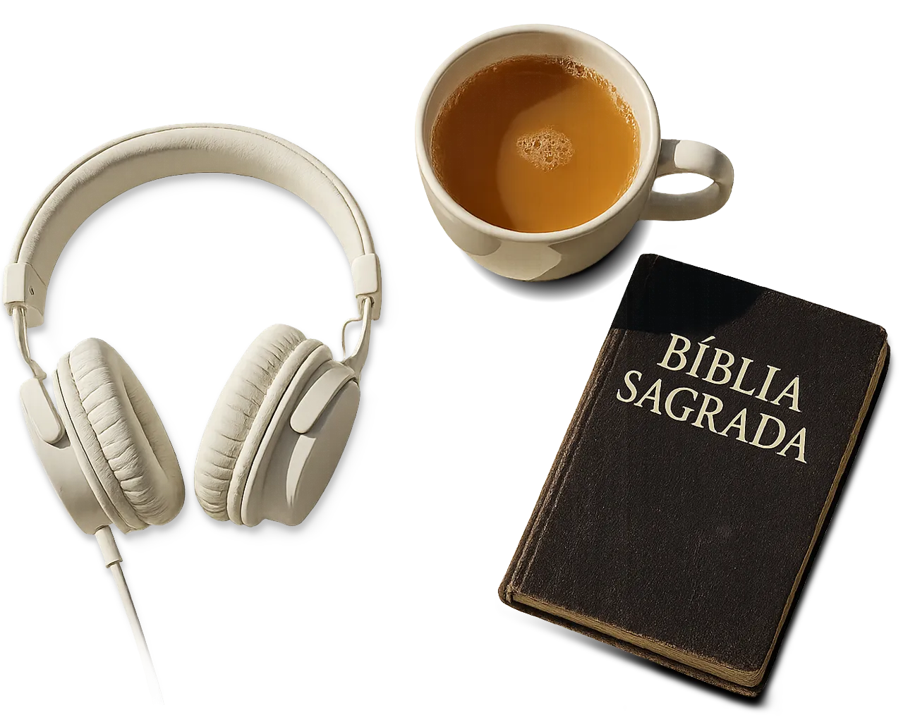 Bíblia, fones e chá para o momento devocional